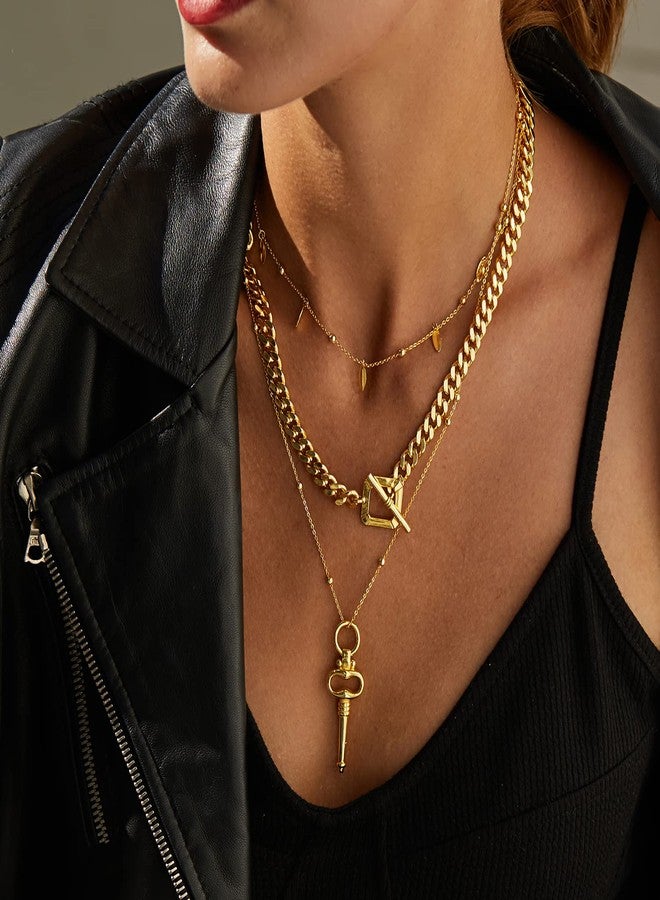 FRUMOS Dainty Layered Choker Necklace 18K Gold Plated Y Pendant Necklace Multilayer Bar Disc Necklace Adjustable Layering Choker Necklaces for Women Girls（Gold key Pendant） - Image 4